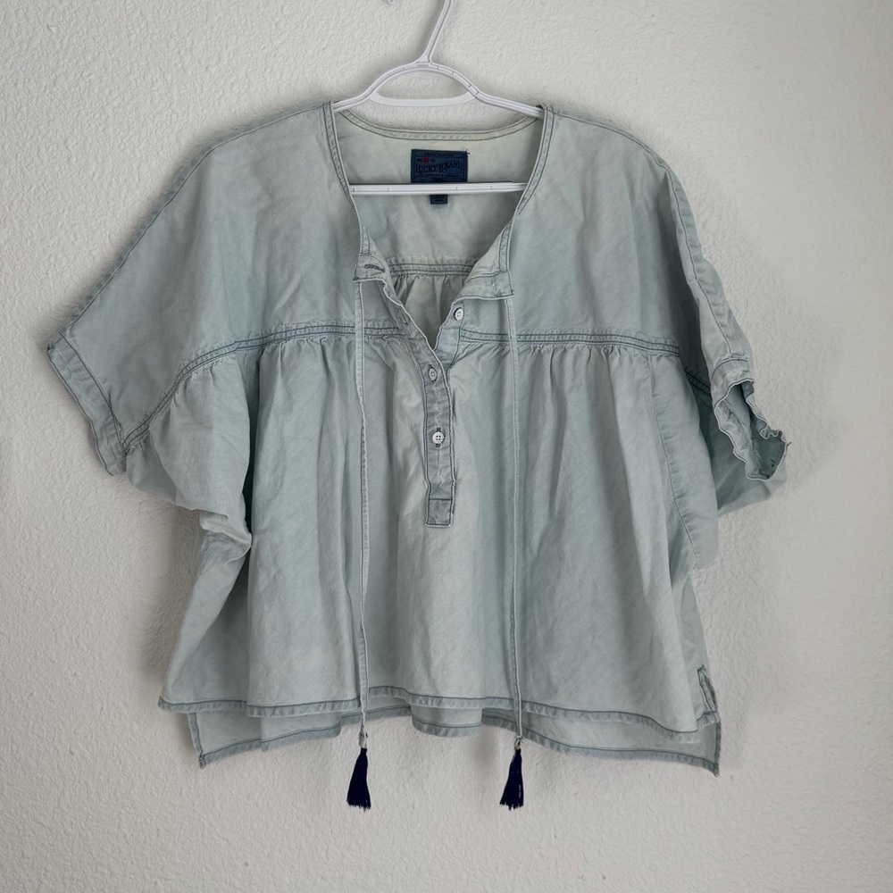 Lucky Brand Light Blue Denim Cropped Oversized Top with Tassels Boho Size M